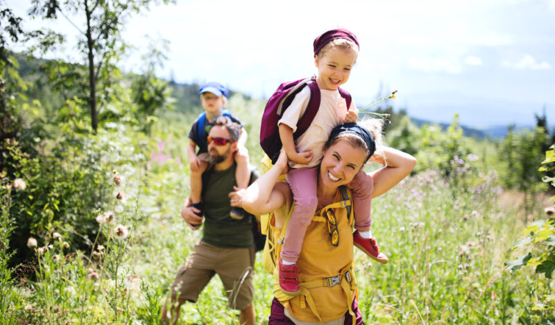 Family hiking together through a mountain meadow